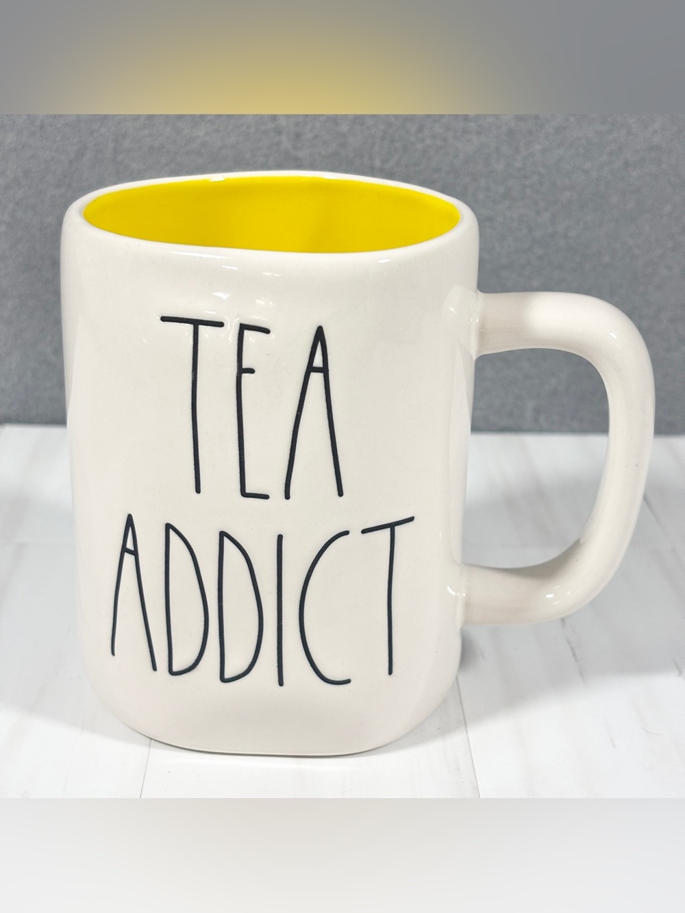 RAE DUNN TEA ADDICT Coffee Mug LL White Cup Magenta Yellow